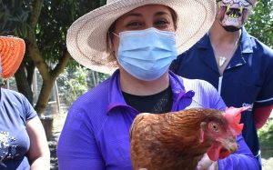 mujer campesina con gallina en sus brazos granja integral la fortuna